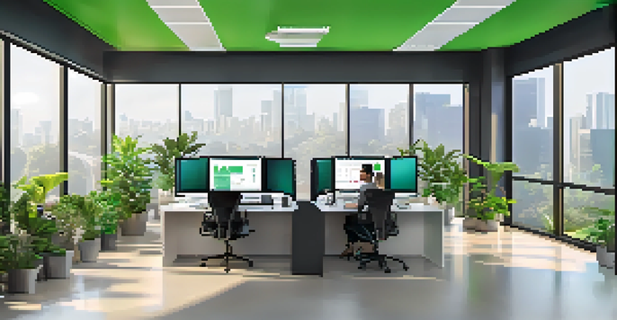 A modern office environment with a team analyzing data on laptops and tablets, surrounded by plants and colorful charts.