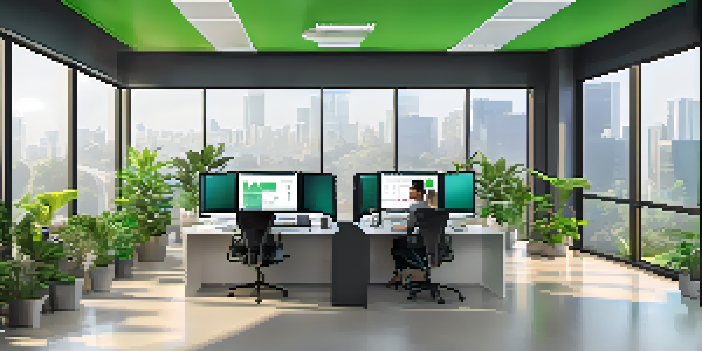 A modern office environment with a team analyzing data on laptops and tablets, surrounded by plants and colorful charts.