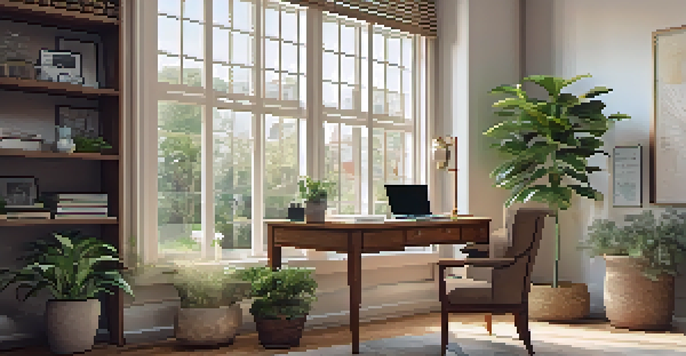 A tranquil home office with a wooden desk, laptop, potted plant, and large window for natural light.