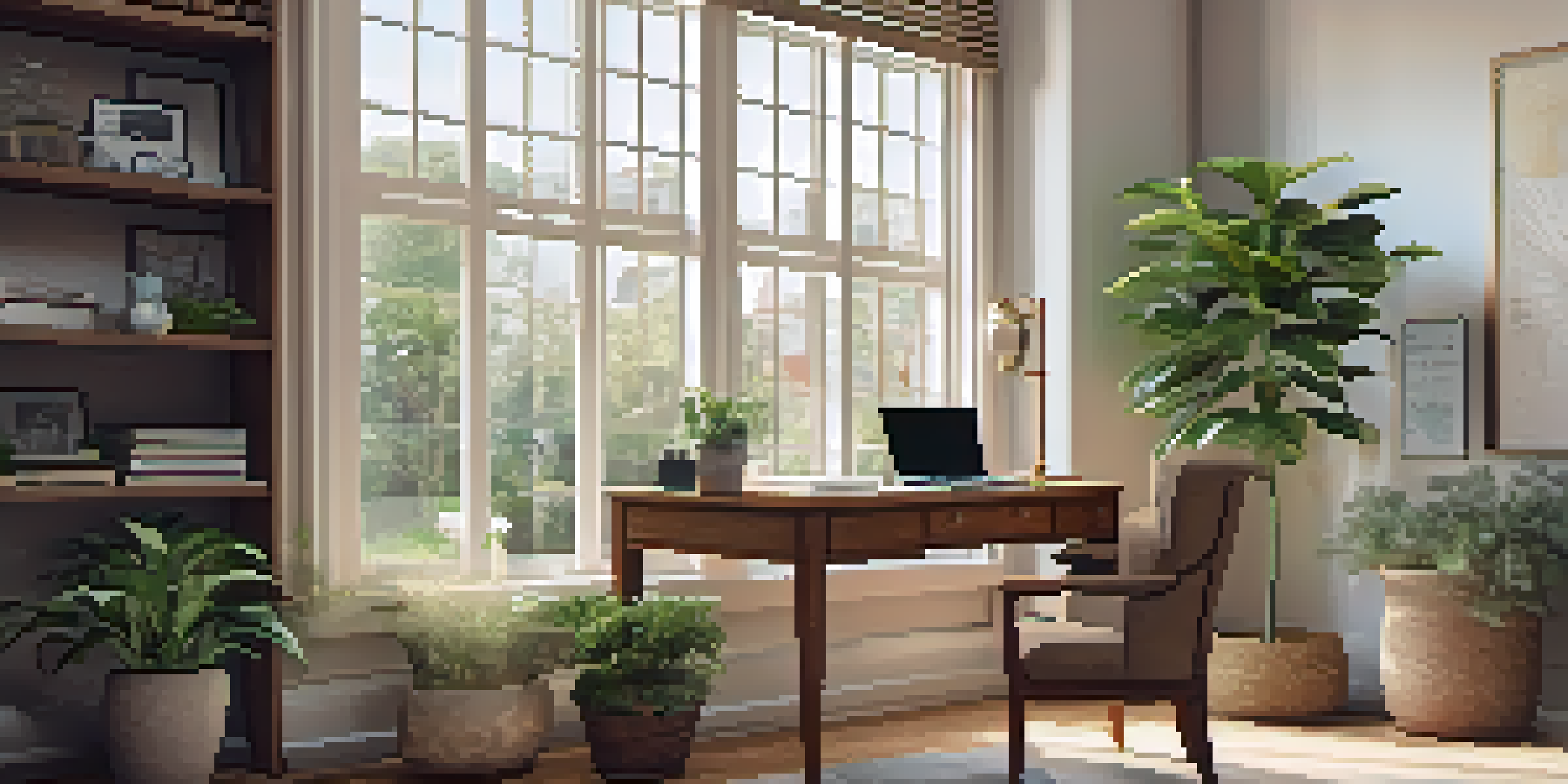 A tranquil home office with a wooden desk, laptop, potted plant, and large window for natural light.