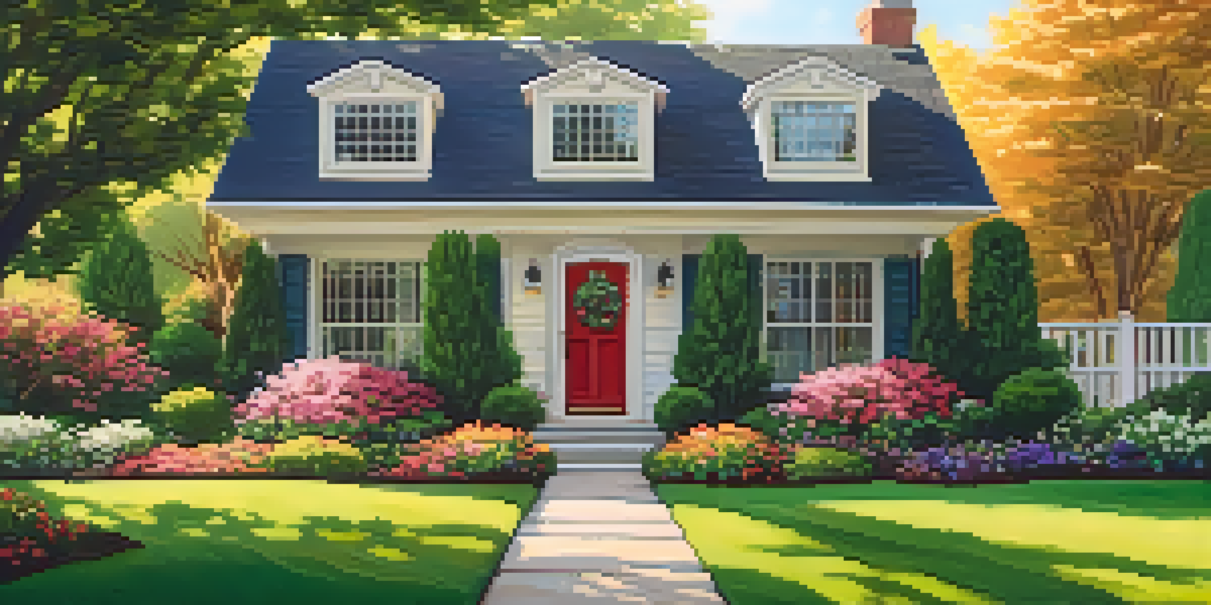 A vibrant front yard with a neat lawn, colorful flowers, and a welcoming pathway leading to a front door with a wreath.