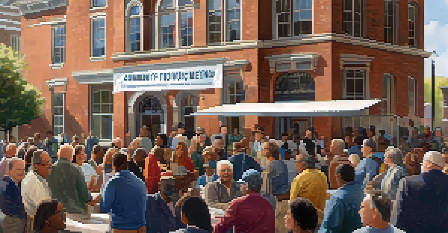 A community meeting in front of a historic building, with residents discussing renovation plans and displaying architectural designs.