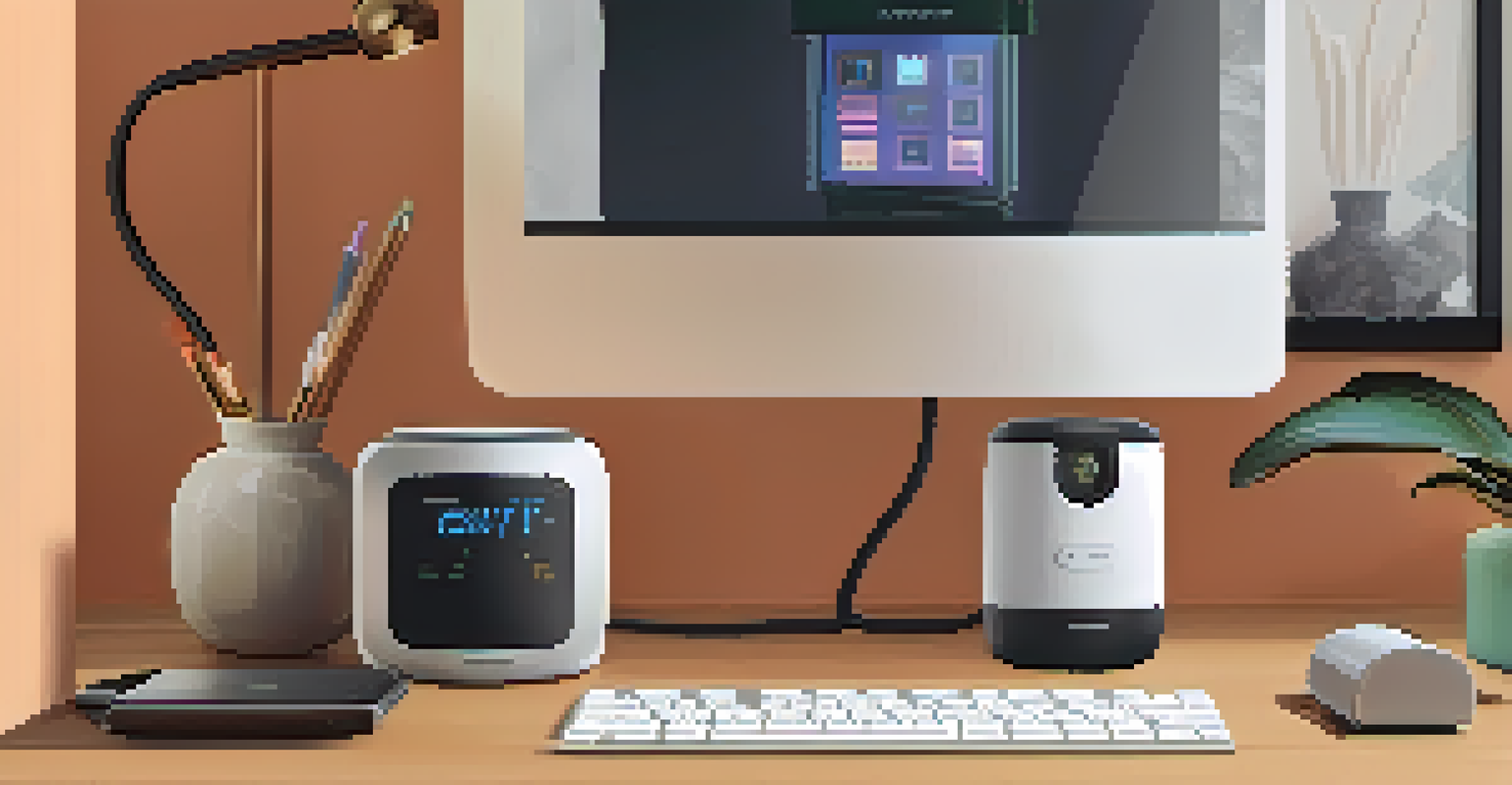 A close-up of a smart plug integrated into a stylish home office with a laptop, coffee maker, and smart speaker, showcasing a blend of technology and comfort.