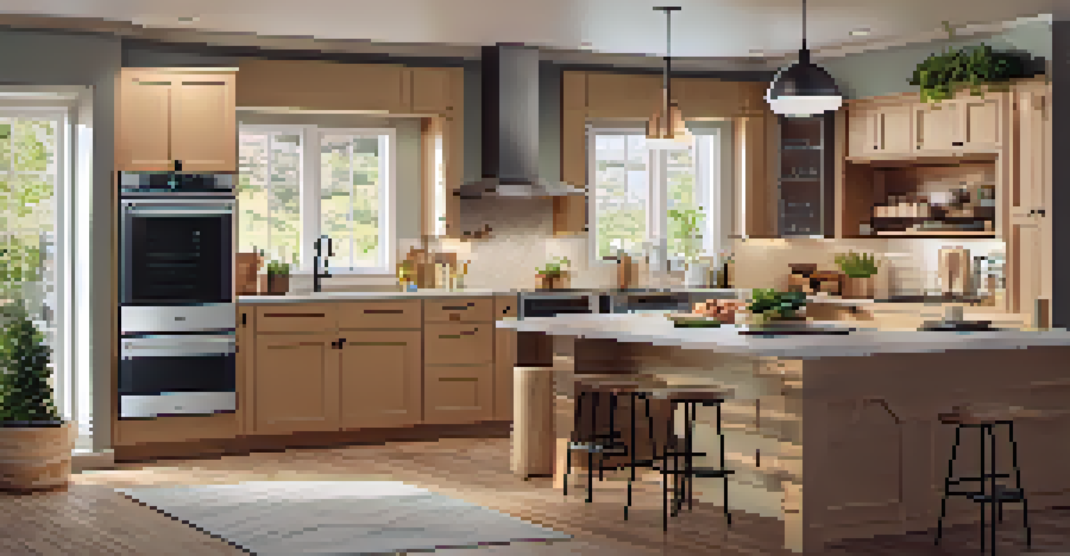 A user-friendly kitchen design featuring smart appliances, including a touchscreen oven and an organized smart fridge, with warm colors and wooden accents.