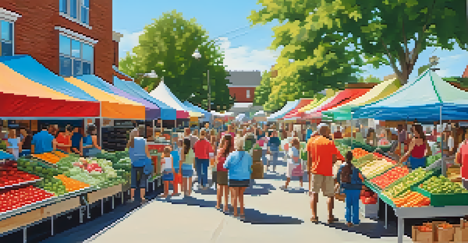 A bustling farmers market with fresh produce, families shopping, and children enjoying snacks.