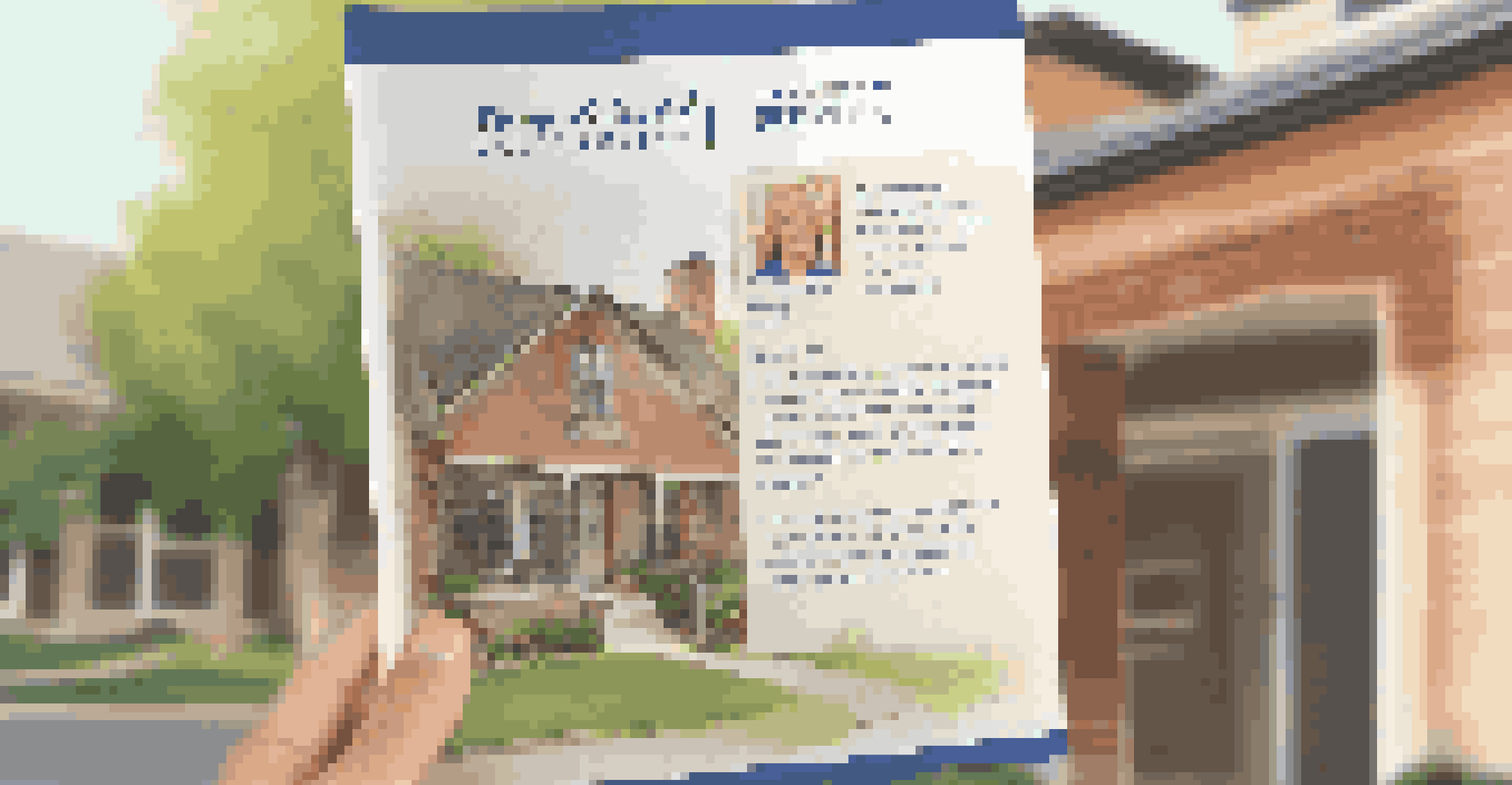 Close-up of a real estate agent holding a brochure for a home in a top-rated school district, with a school in the background.