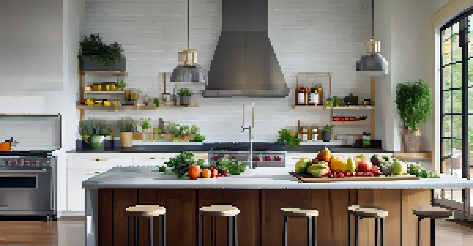 A modern kitchen with an inviting layout, filled with fresh fruits and herbs, illuminated by natural light.