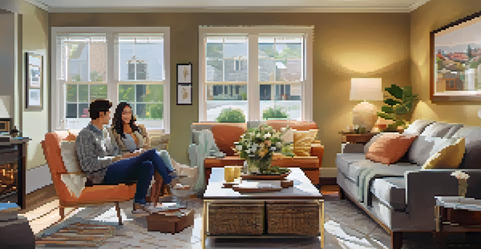 A couple in a cozy living room, sitting on a sofa with housewarming gifts on a coffee table, framed pictures on the walls, and sunlight streaming in through a window.