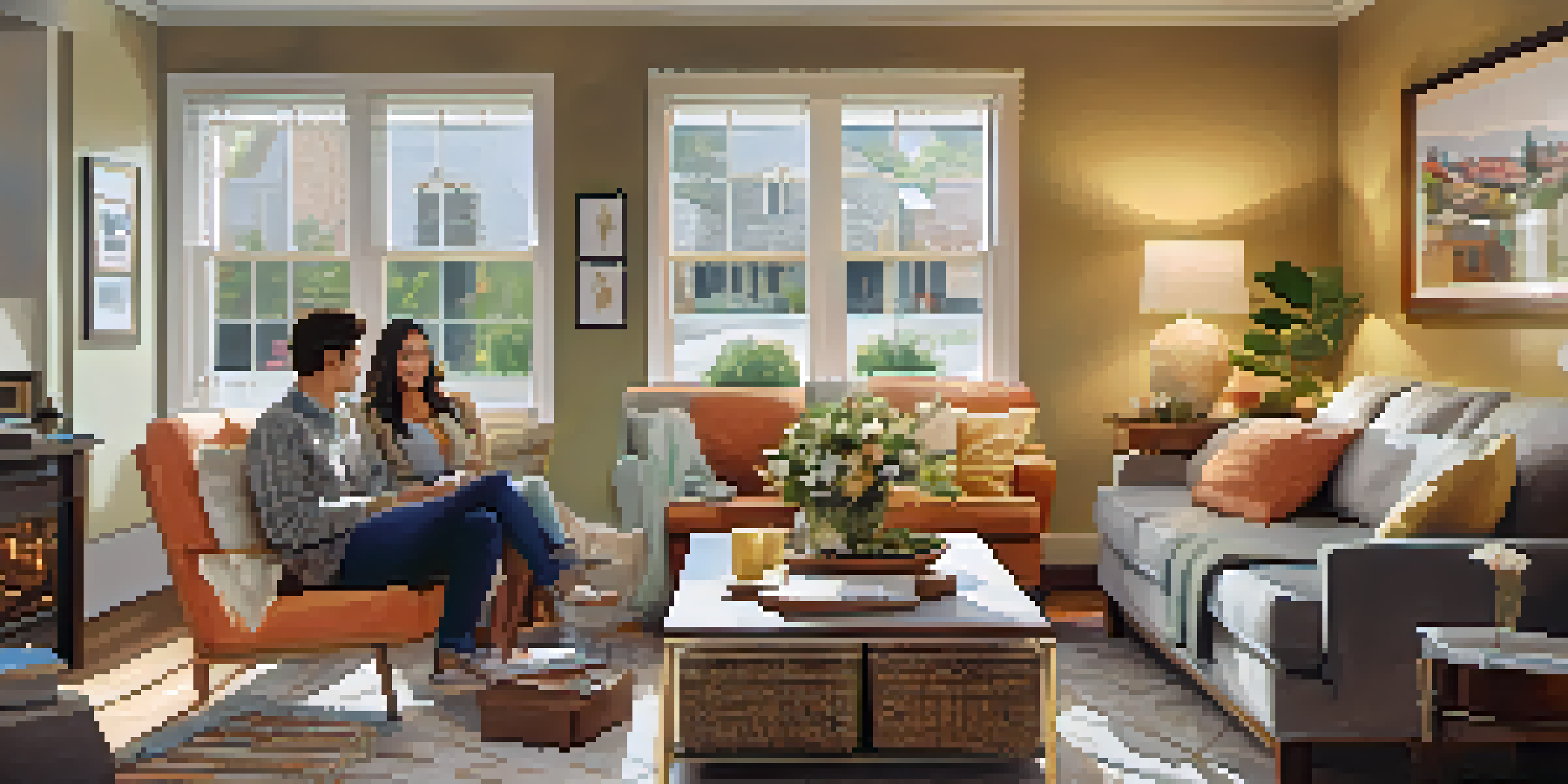 A couple in a cozy living room, sitting on a sofa with housewarming gifts on a coffee table, framed pictures on the walls, and sunlight streaming in through a window.