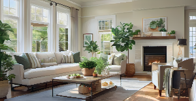 A bright living room for an open house, featuring comfortable furniture, potted plants, and snacks on a coffee table, with natural light streaming through large windows.