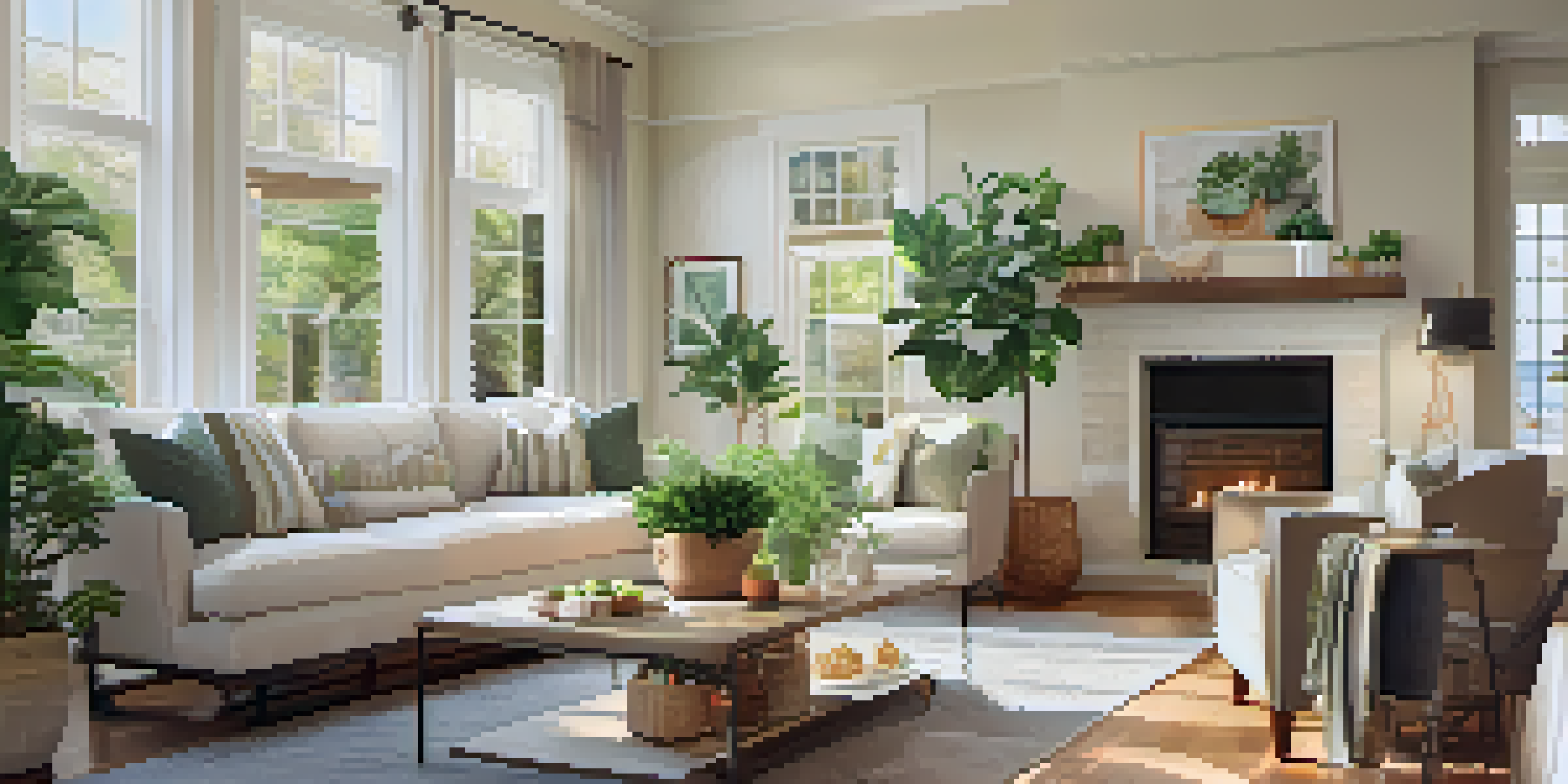 A bright living room for an open house, featuring comfortable furniture, potted plants, and snacks on a coffee table, with natural light streaming through large windows.