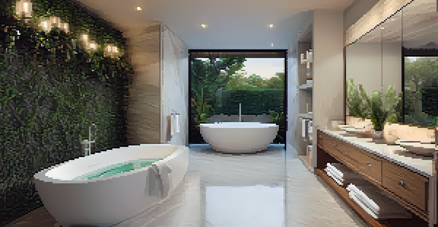 A serene bathroom with a freestanding bathtub, marble tiles, and ambient lighting, designed for relaxation.
