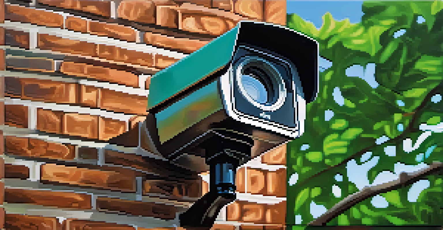 A close-up view of a high-tech security camera on a brick wall, surrounded by green foliage.