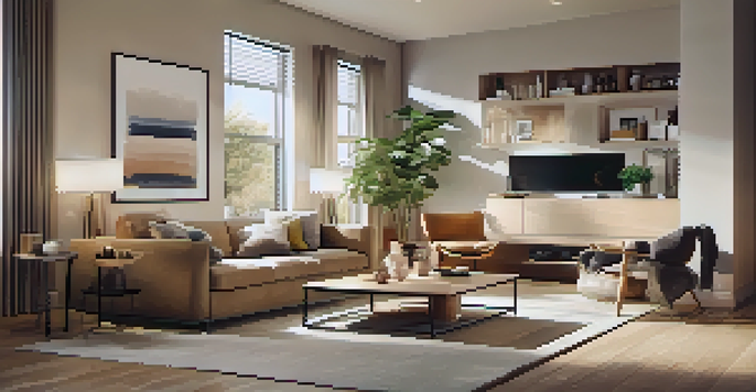 A contemporary living room with smart home devices like a thermostat, blinds, and speakers, featuring a cozy atmosphere and natural light.