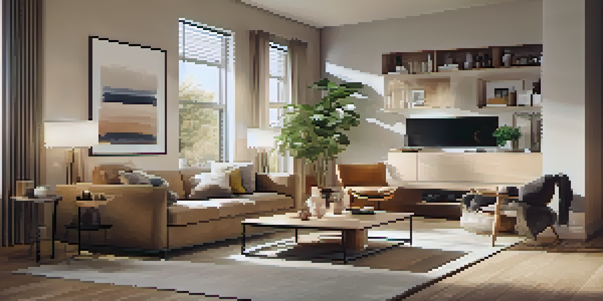 A contemporary living room with smart home devices like a thermostat, blinds, and speakers, featuring a cozy atmosphere and natural light.