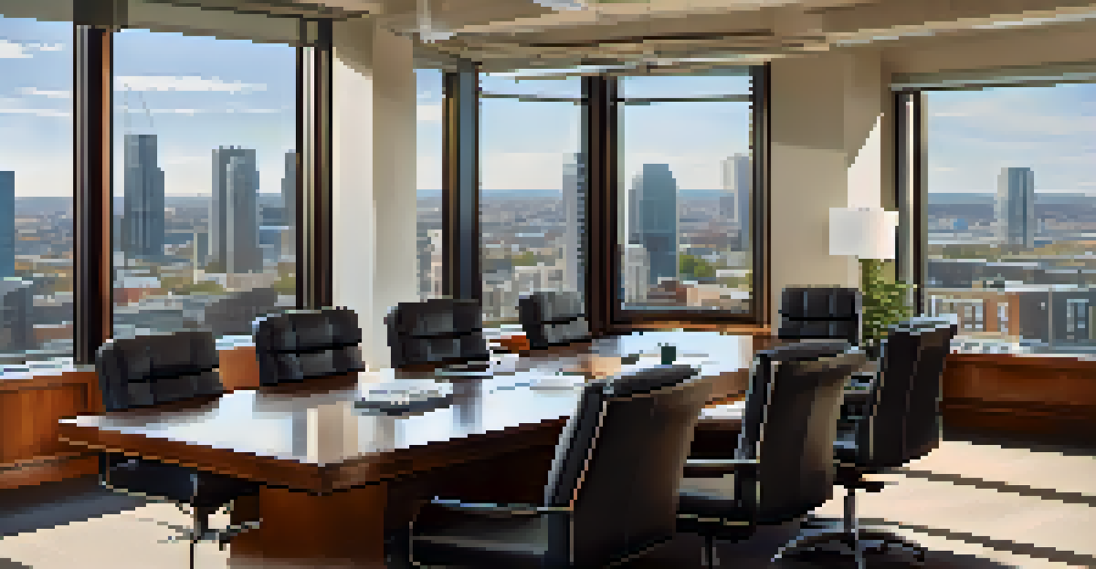 An elegant office space with a large conference table and city views through large windows.