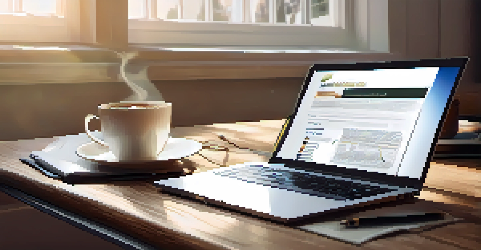 A laptop displaying home equity information on a wooden desk, accompanied by a notepad and a coffee cup, with natural light creating a cozy atmosphere.