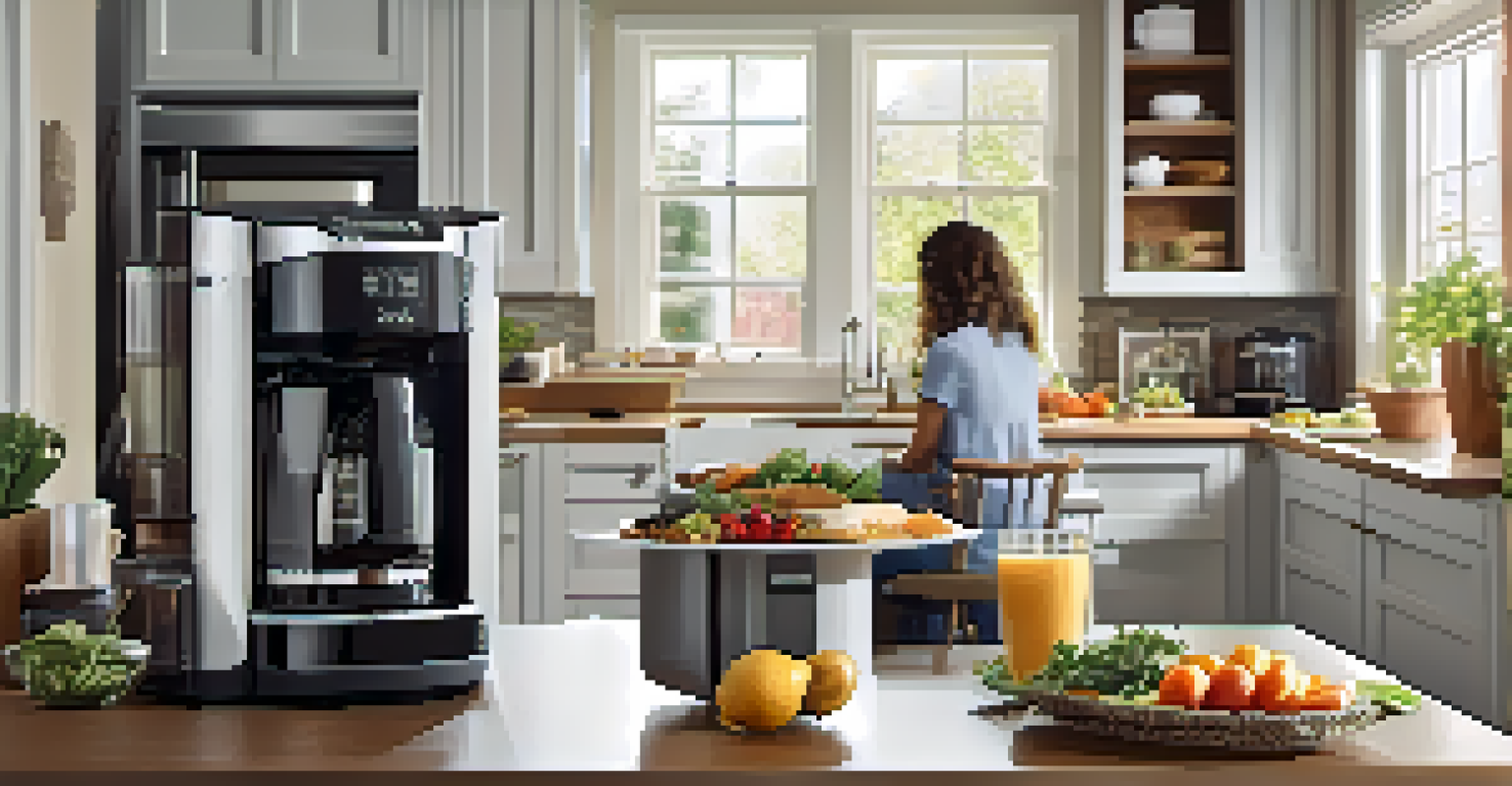 A modern kitchen with a family preparing breakfast, featuring a smart coffee maker and a digital display.