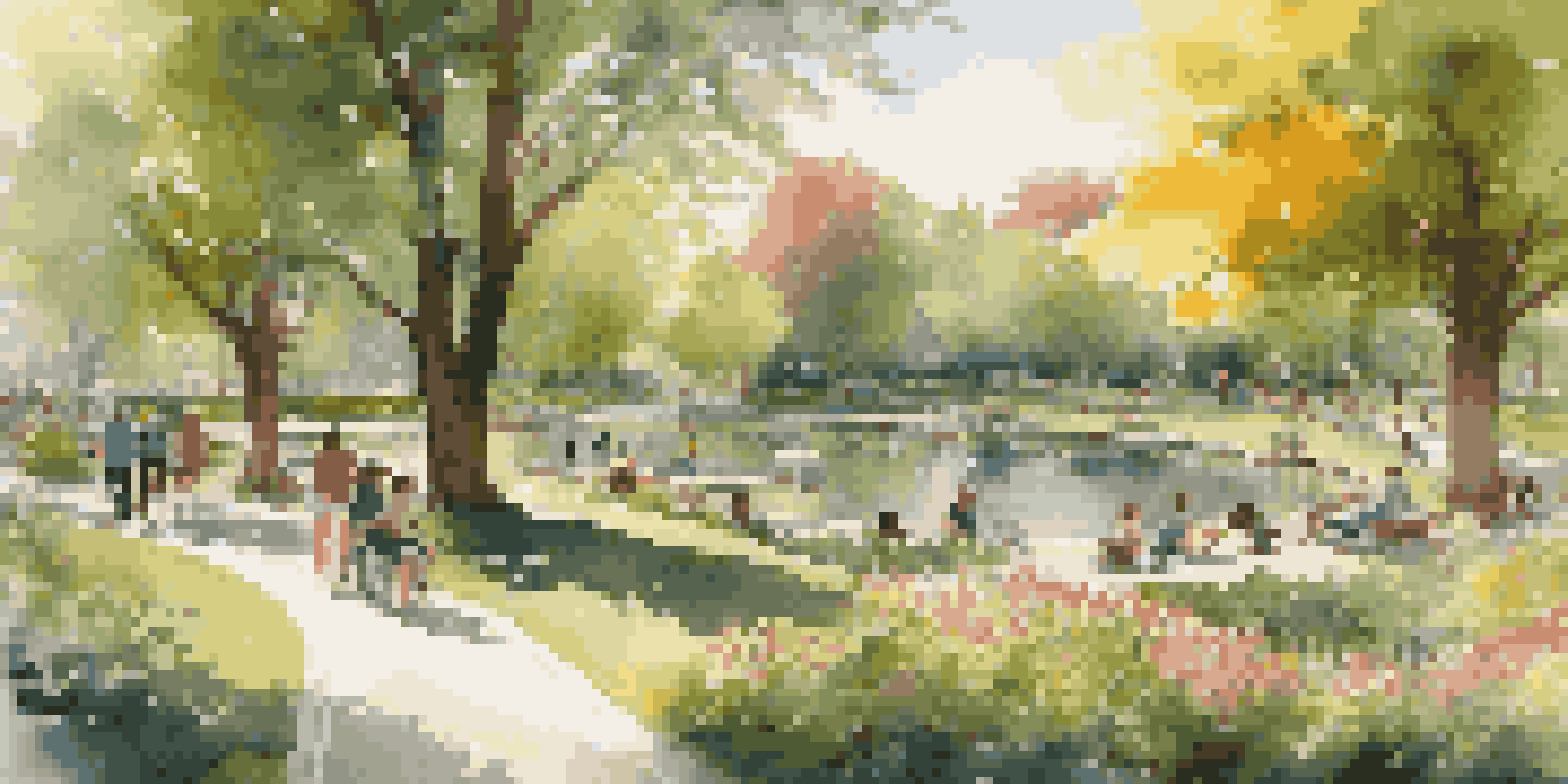 A lively urban park with people engaging in various activities surrounded by lush greenery and a pond.