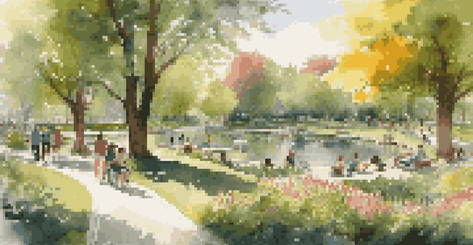 A lively urban park with people engaging in various activities surrounded by lush greenery and a pond.