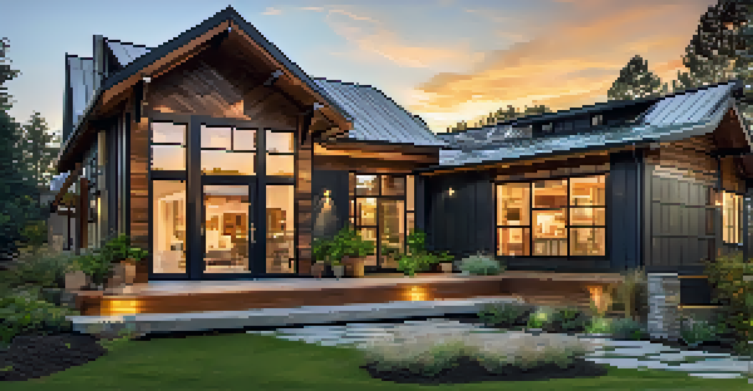 A modern home built with recycled materials, featuring reclaimed wood and metal roofing, surrounded by greenery at sunset.