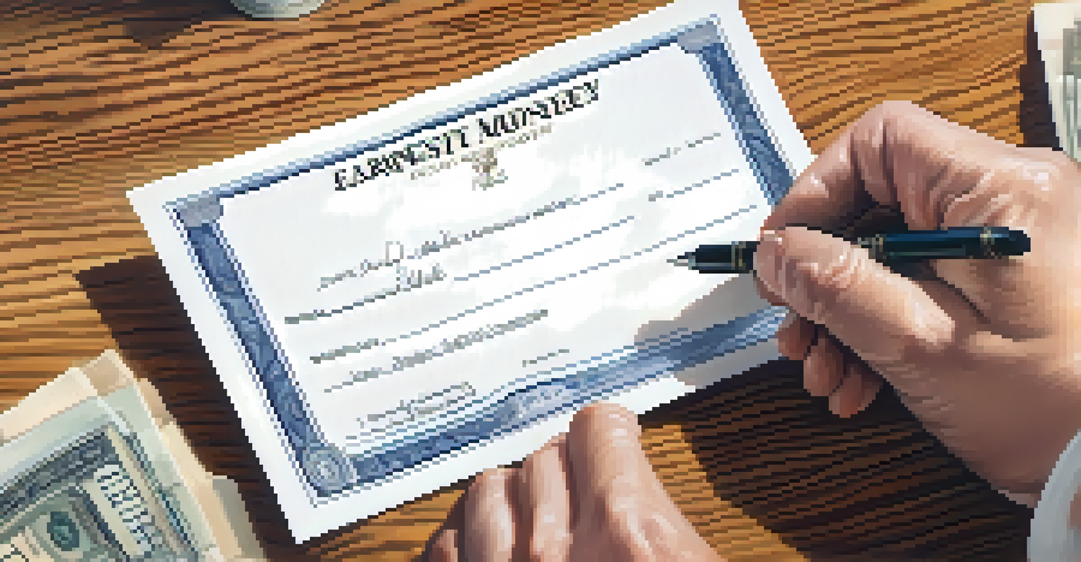 A hand placing a check into an envelope labeled 'Earnest Money' on a wooden table with a real estate contract.