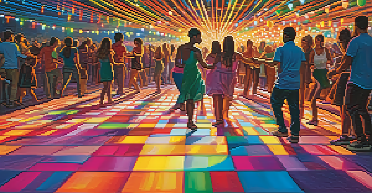 A lively dance floor at a festival, illuminated by colorful LED lights, with people dancing and enjoying.