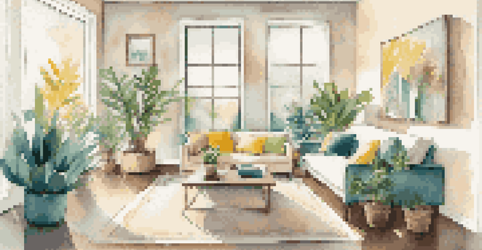 A bright and inviting modern living room with a cozy sofa, houseplants, and contemporary art.