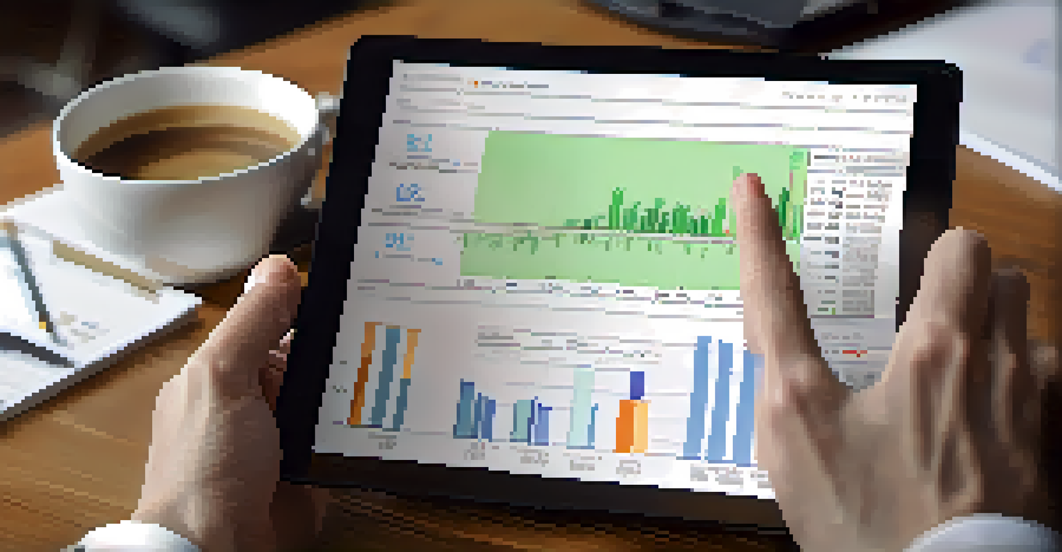 Close-up of hands holding a tablet showing financial projections, with a blurred office background including a cup of coffee.