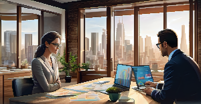 A real estate agent discussing market trends with a young couple in a modern office setting, featuring graphs and charts on a laptop.