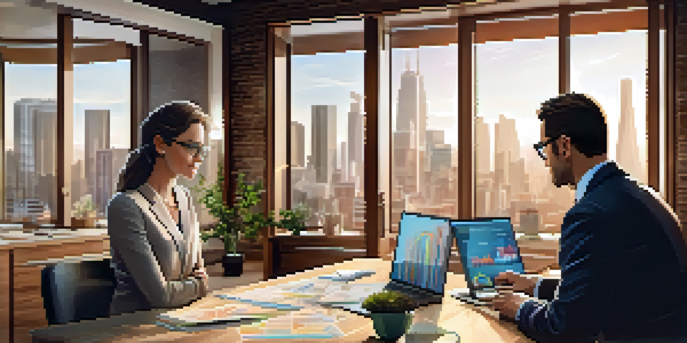 A real estate agent discussing market trends with a young couple in a modern office setting, featuring graphs and charts on a laptop.
