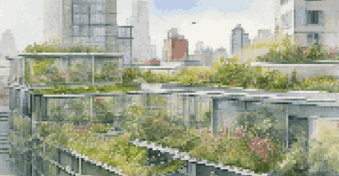 A lush green roof with diverse plants and flowers atop a modern city building, with a skyline of glass and steel structures in the background.