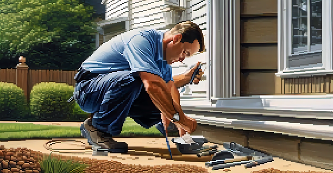 A property inspector closely examining the texture of a home's foundation with tools in hand, showcasing details of wear and the surrounding home environment.