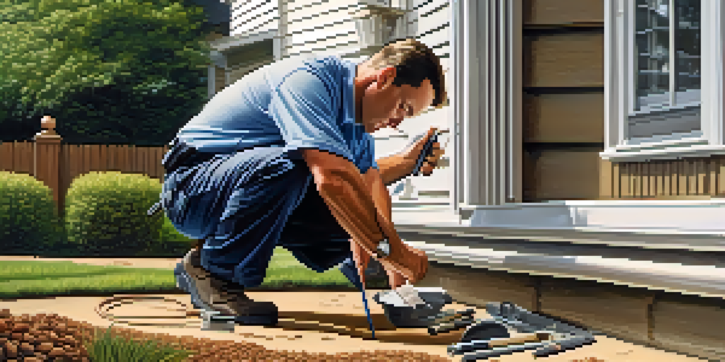 A property inspector closely examining the texture of a home's foundation with tools in hand, showcasing details of wear and the surrounding home environment.