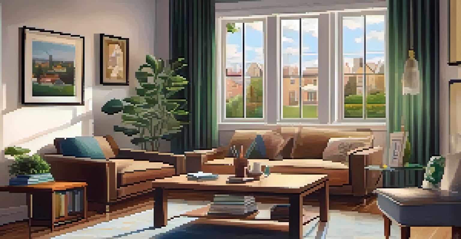 A cozy living room with educational materials and a laptop on a coffee table, warm lighting.