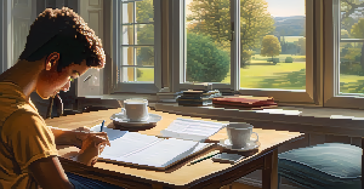 A homeowner studying an insurance policy at a table with a laptop and notepad, illuminated by natural light.