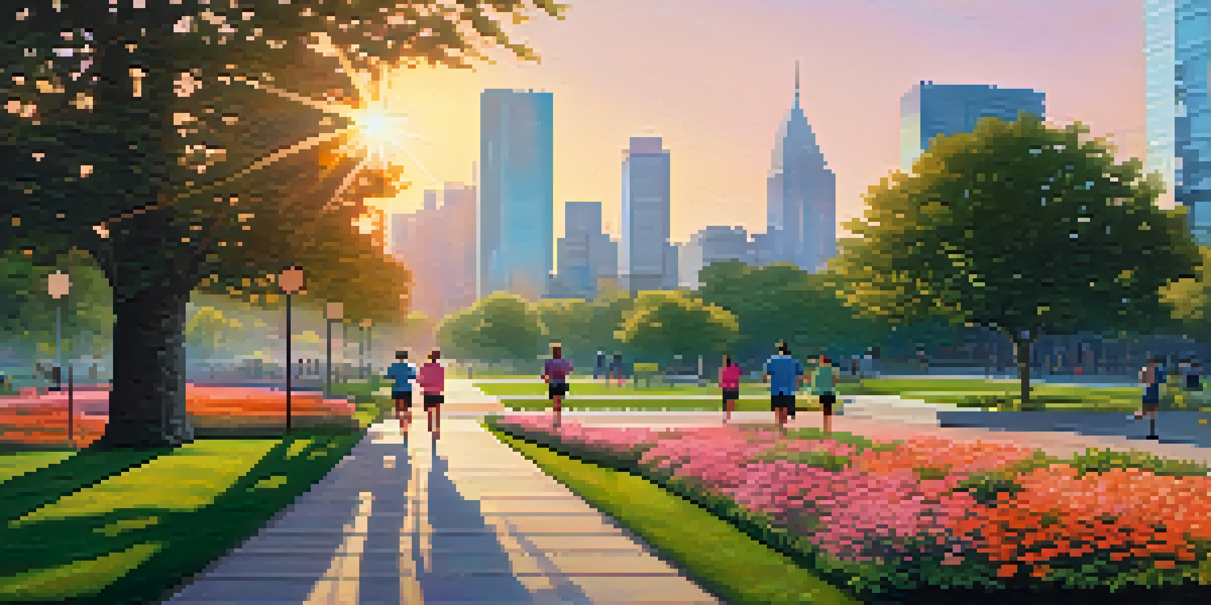 A beautiful urban skyline at sunrise with modern buildings and a green park in the foreground.