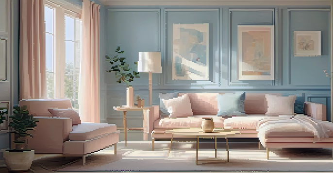 A cozy small room painted in light blue and blush pink, filled with soft sunlight and light-colored furniture, creating an inviting atmosphere.