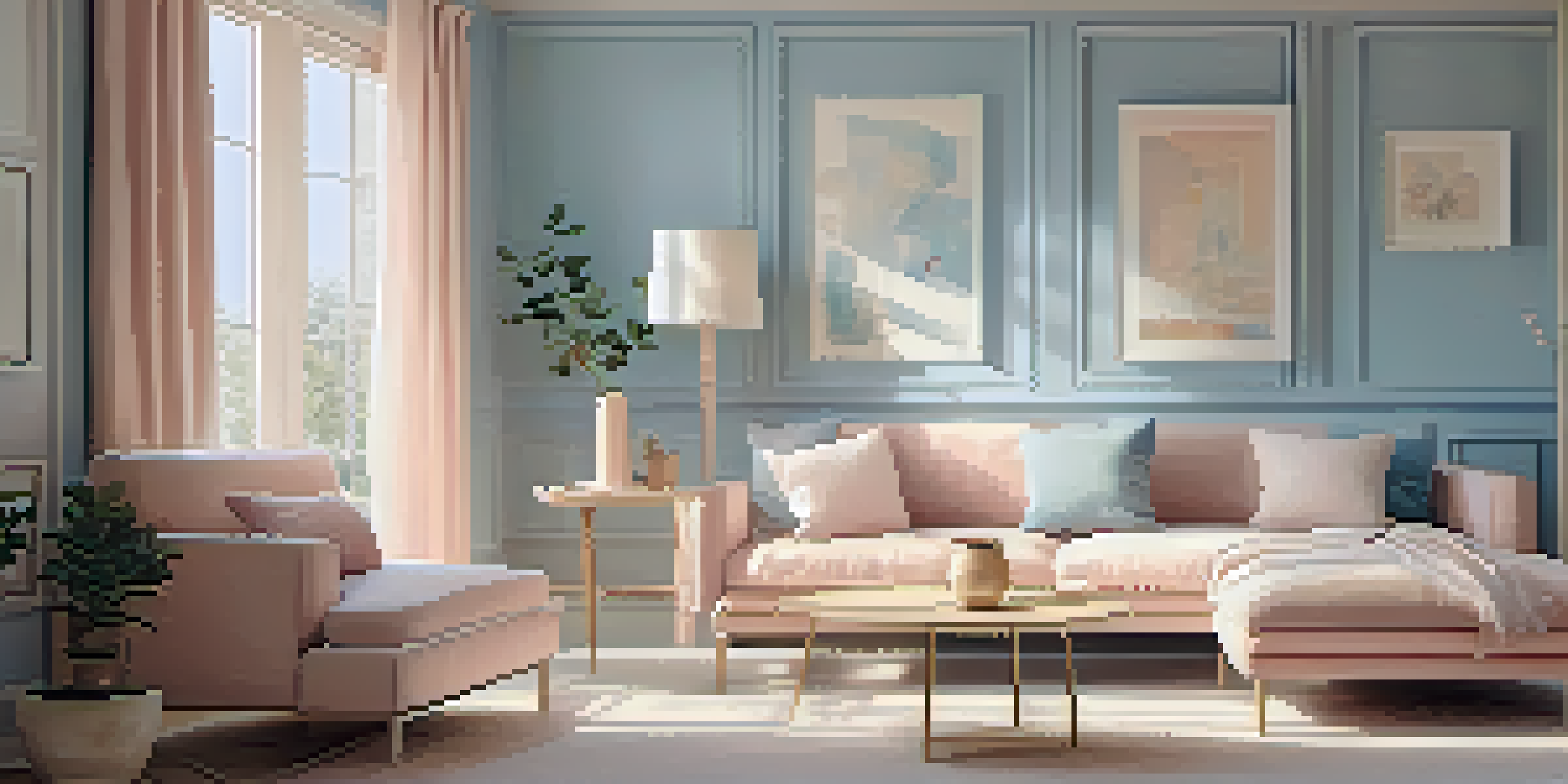A cozy small room painted in light blue and blush pink, filled with soft sunlight and light-colored furniture, creating an inviting atmosphere.