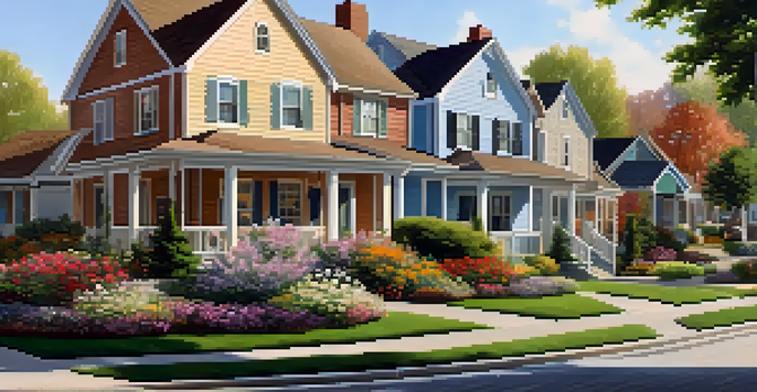 A sunny suburban neighborhood with beautiful houses, lush lawns, and families enjoying outdoor activities.