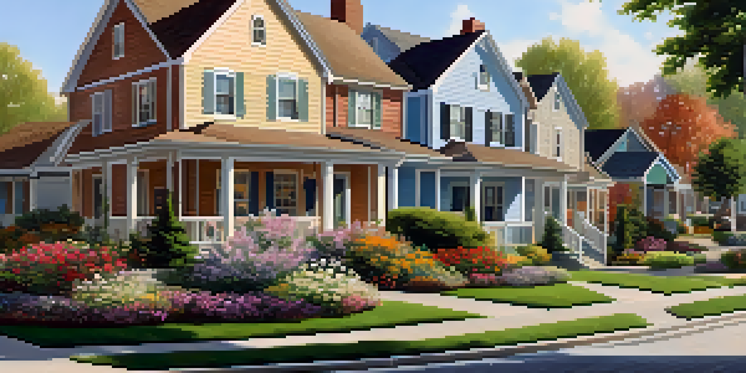 A sunny suburban neighborhood with beautiful houses, lush lawns, and families enjoying outdoor activities.