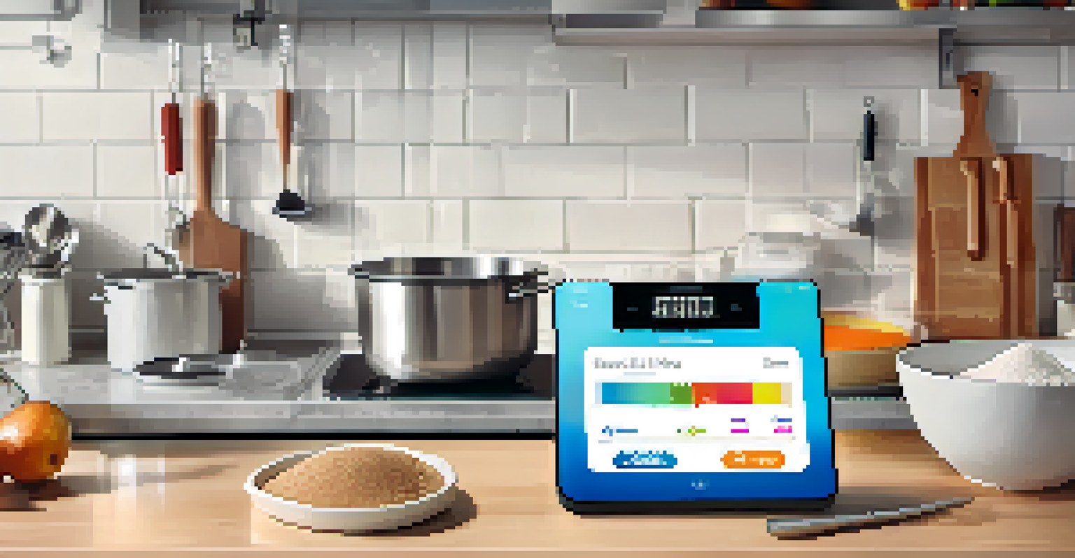 A close-up of a smart scale measuring flour and sugar with a smartphone app displaying a recipe in a vibrant kitchen setting.