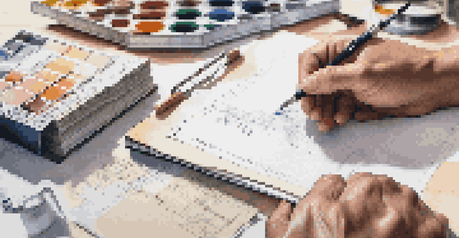 A close-up of a hand writing material costs on a clipboard, surrounded by flooring samples, paint cans, and design magazines, with a blurred background.