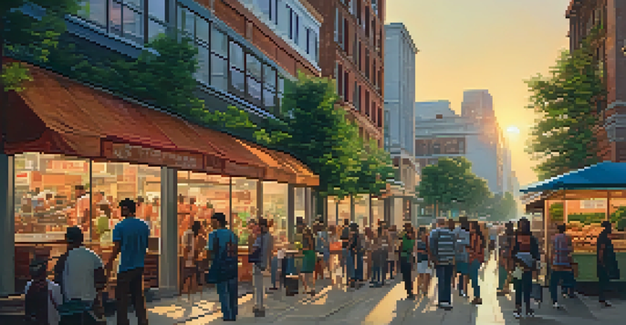 A busy urban street at sunset with people talking and modern buildings in the background.