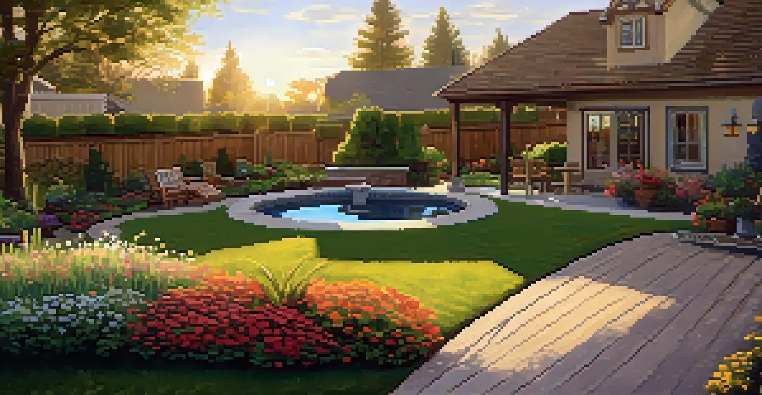 A peaceful backyard garden with flowers, lawn, and a patio set during sunset.