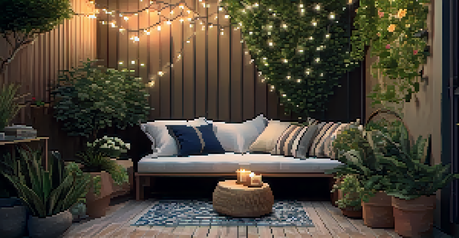 A cozy outdoor nook with comfortable seating, patterned cushions, and warm string lights, surrounded by potted plants.