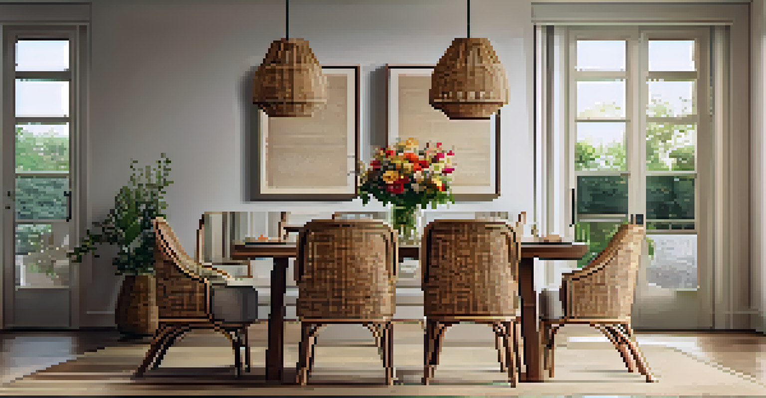 An elegant dining area with a wooden table, rattan placemats, and woven bar stools under warm lighting.