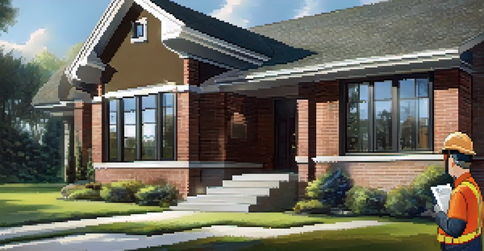 A home inspector examining the foundation of a house with various tools around, showcasing a warm and inviting atmosphere.