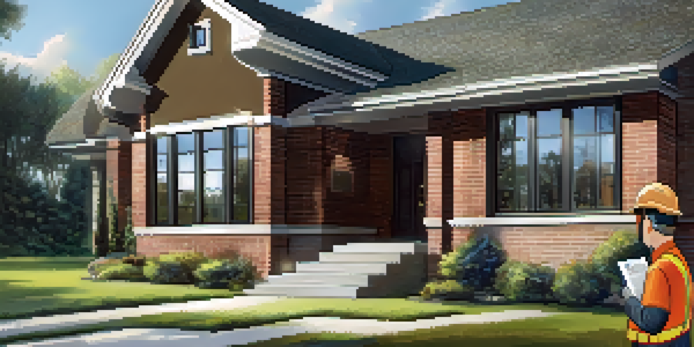 A home inspector examining the foundation of a house with various tools around, showcasing a warm and inviting atmosphere.