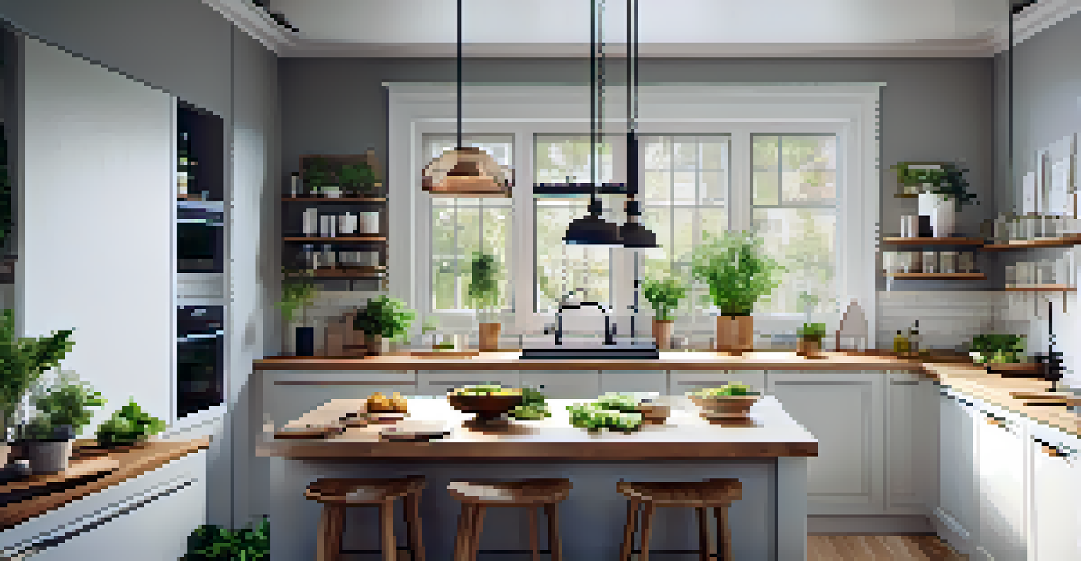 An inviting kitchen showcasing modern appliances, a central island, and fresh herbs on the windowsill, illuminated in bright light.